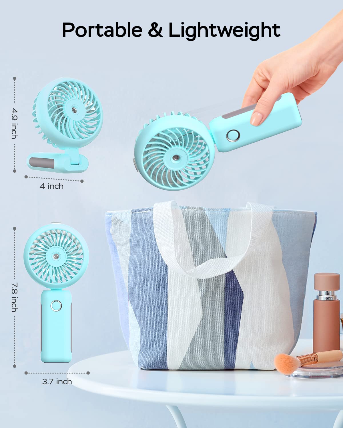 RNKRUN Portable Handheld Misting Fan, 4000mAh USB Rechargeable Personal Mister Foldable Fan Battery Operated Spray Water Mist Fan Makeup Small Face Steamer for Travel Outdoors Office blue
