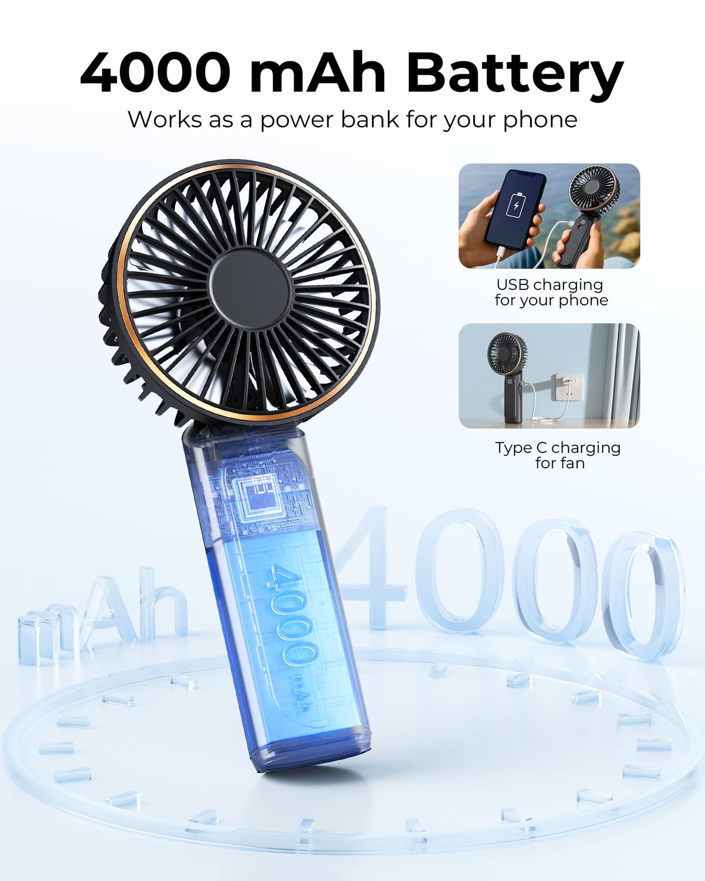 TUNISE Portable Handheld Fan, 4000mAh, 180 Adjustable, 6 Speed Wind, Display Electricity in Real Time, USB Rechargeable Foldable Personal Fan