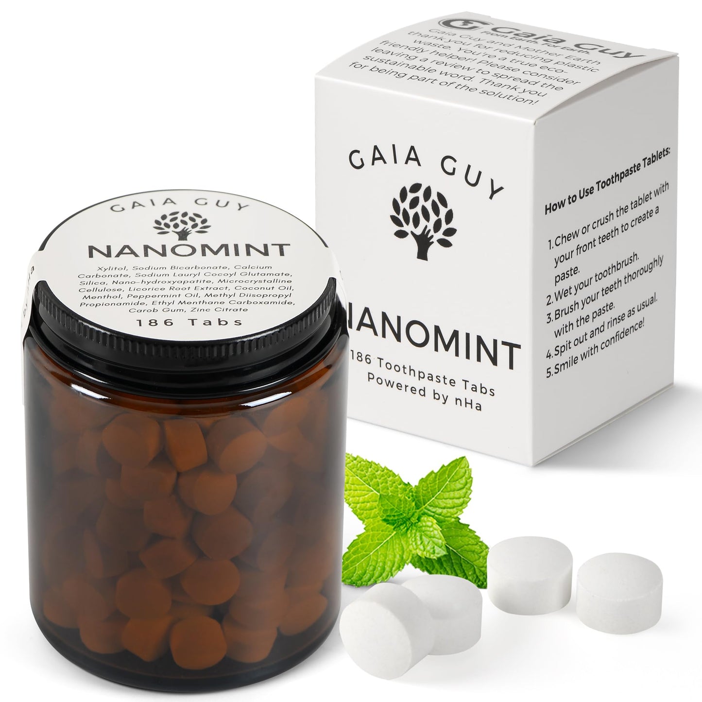 Gaia Guy | NanoMint Fluoride Free Toothpaste | Nano-Hydroxyapatite Remineralizing Toothpaste Tablets - Nano Hydroxyapatite (nHA), Plastic Free, Eco-Friendly Glass Jar | 186 Tabs