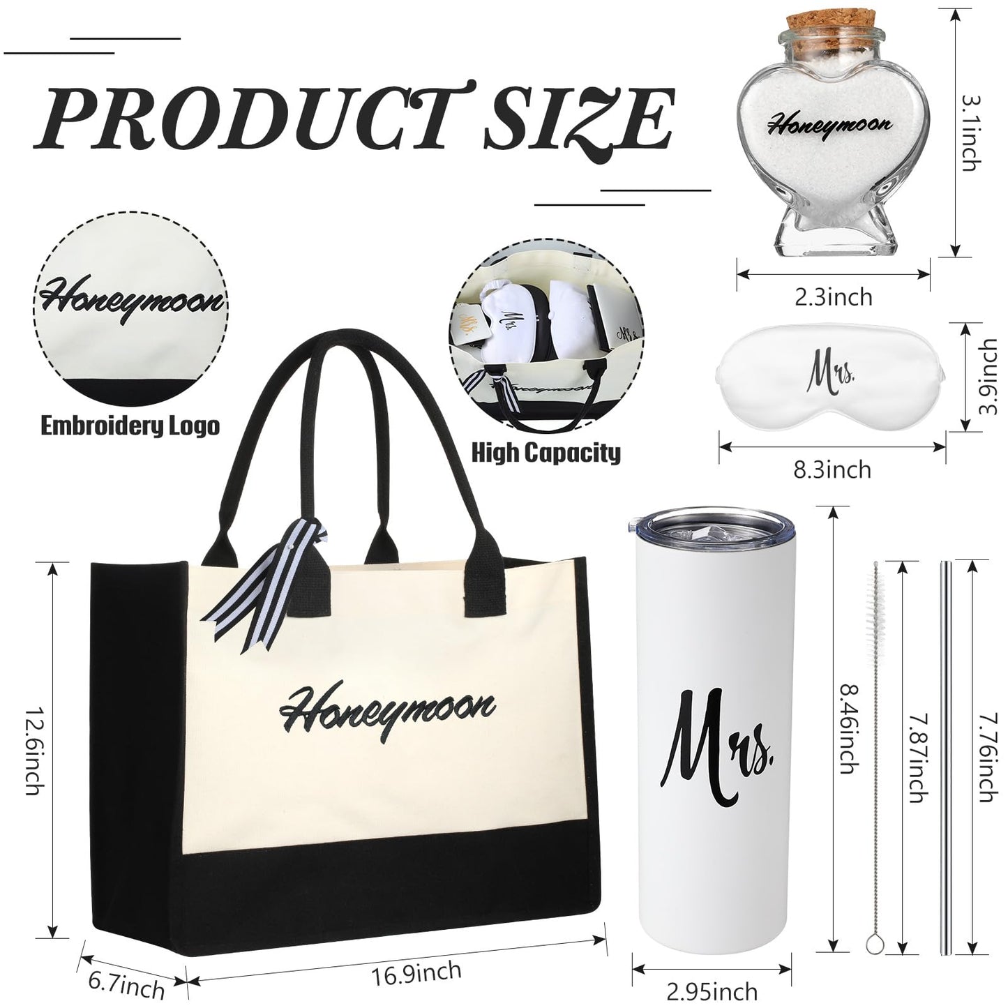 Preboun 14 Pcs Wedding Gifts for Couple Honeymoon Gifts Include Mr and Mrs Beach Towels 20 oz Wine Tumbler Hat Shareable Passport Holder Baggage Tag Glass Bottle Canvas Honeymoon Tote Bag Sleep Mask