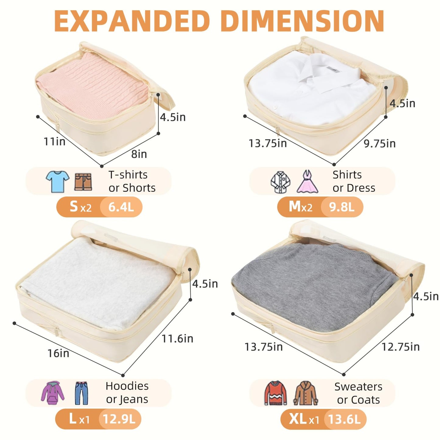 BAGAIL 4 Set/6 Set/8 Set Compression Packing Cubes Travel Accessories Expandable Packing Organizers (Square Mesh, 06-Beige)