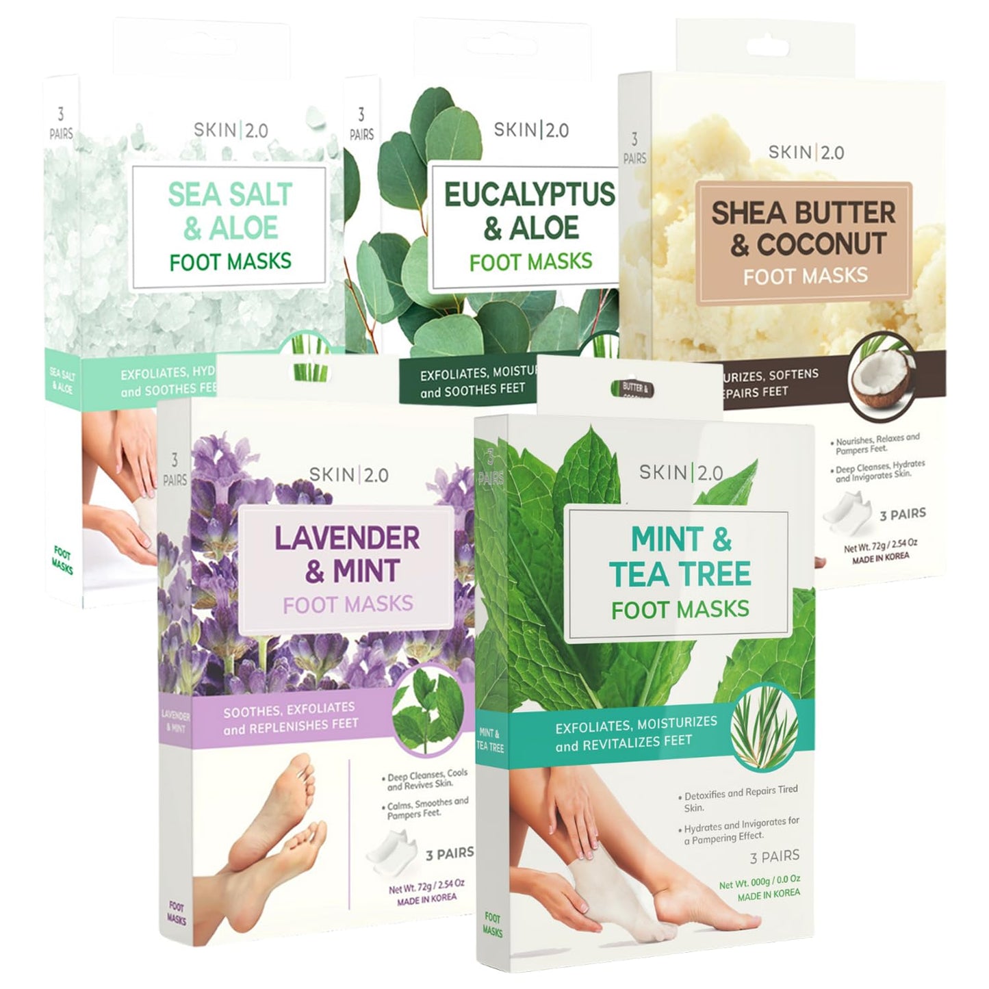 Skin 2.0 Foot Mask – Hydrates, Softens & Repairs Dry Feet- Dermatologist-Tested, Clean Beauty, Natural, Cruelty-Free Korean Skincare, Non-GMO, Sulfates-Free- Phthalate-Free - Set of 5