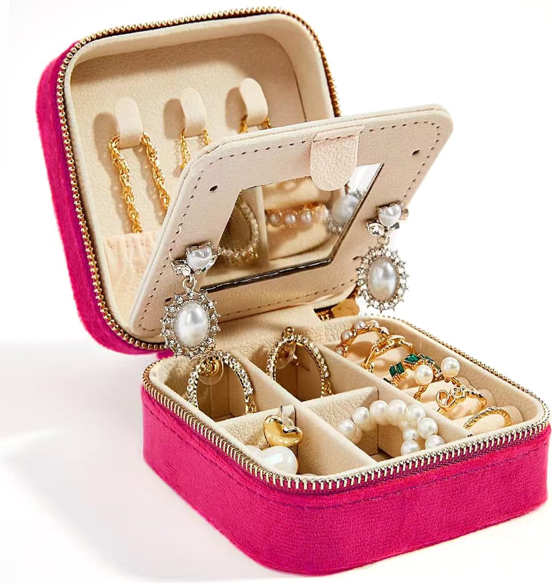 Travel Velvet Jewelry Box with Mirror, Mini Gifts Case for Women Girls, Small Portable Organizer Boxes for Rings Earrings Necklaces Bracelets