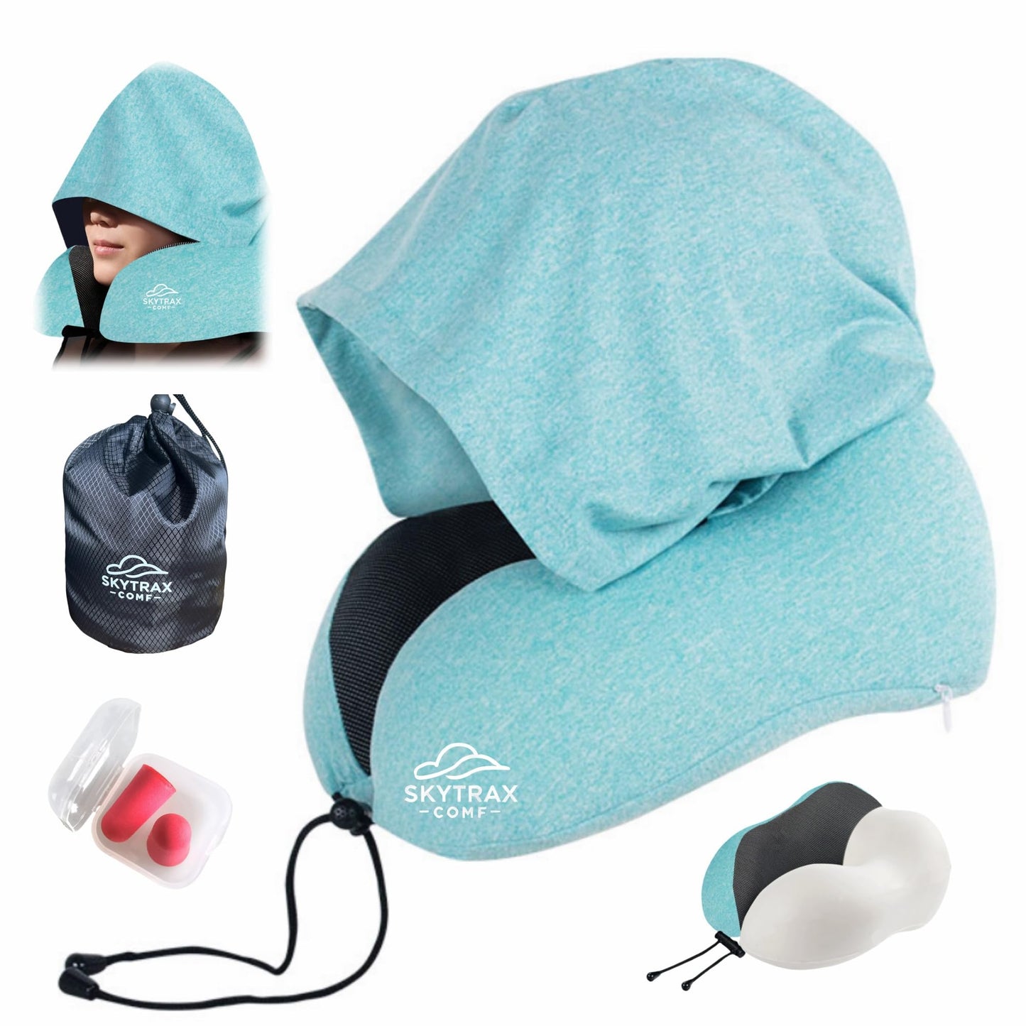 Travel Pillow with Extra Large Hood for Airplane Long Flights Privacy and Comfort Memory Foam with Skin-Friendly Cover for Road Trip Head&Neck Support for Plane Office Cars Sleeping & Rest (Mint Blue)