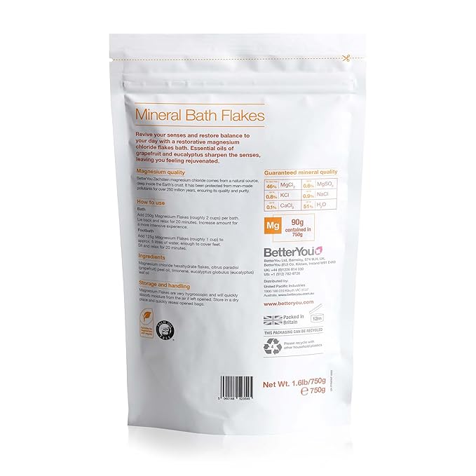 BetterYou Magnesium Revive Bath Flakes - Bath Salts with Magnesium - Energizing Grapefruit and Eucalyptus - Muscle Soothing and Skin Health - 1.6 lb