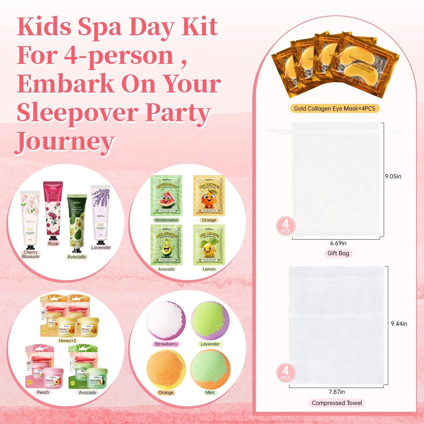 28PCS Spa Party Supplies For Girls, Spa Birthday Party Favors For 4 People, Spa Day Kit With Bath Bombs, Eye Mask, Lip Balm, Face Mask, Hand Cream, Compressed Towel, Gift Bag, Sleepover Spa Gift Set