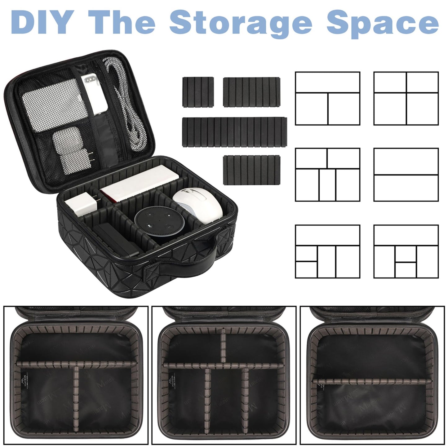 MATEIN Cable Organizer Bag, Waterproof Travel Electronic Storage with Adjustable Divider, Shockproof Portable Double Layer Tech Bag Carrying Case for Cord, Earbuds, Charger, SD Card, DJ Gifts, Black