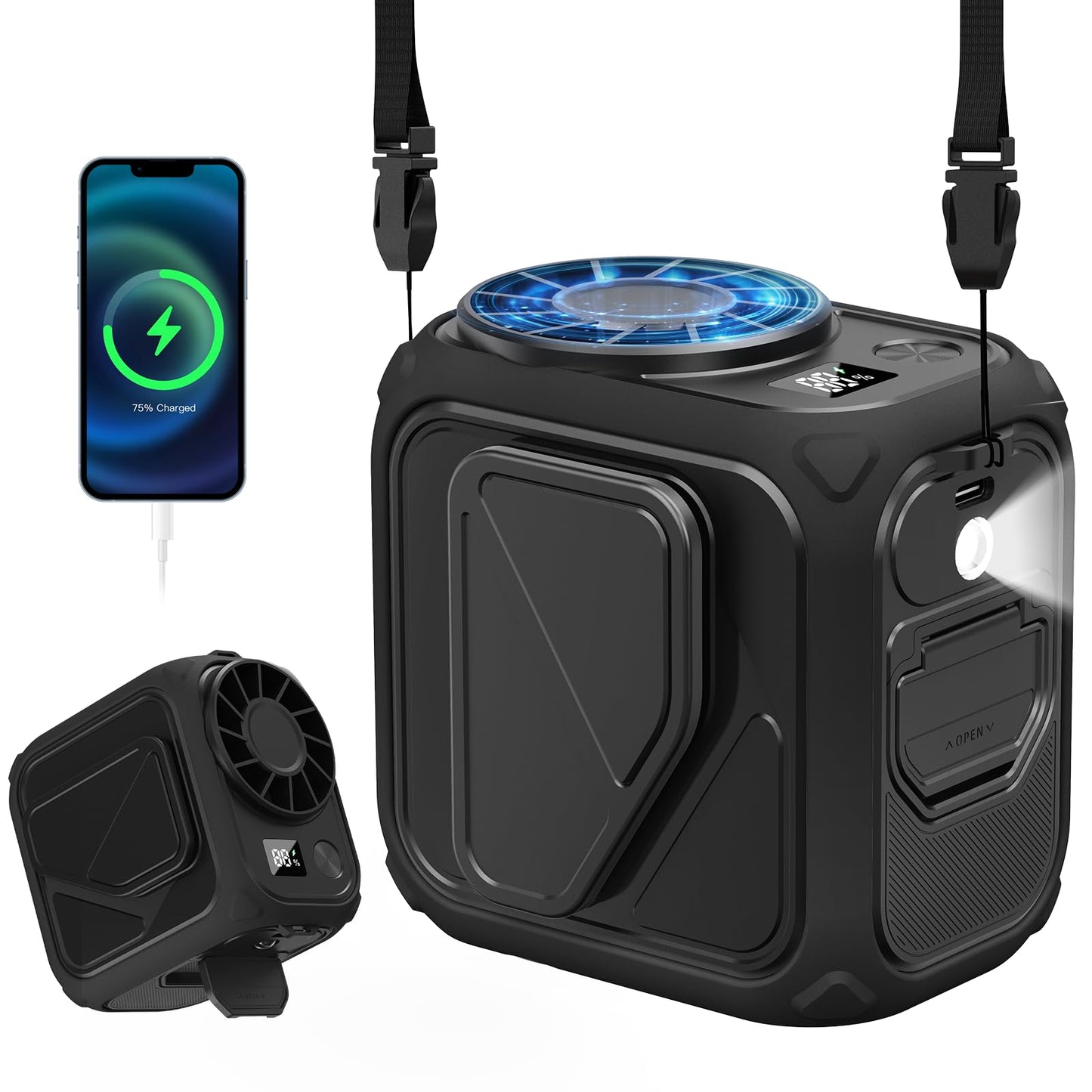 Portable Waist Fan Rechargeable,10000mAh Mini Neck Fan With AI Chip,5 Speeds Strong Airflow,Max 20H Working Time,LED Light,Personal Clip Belt Fan for Outdoor,Traveling,Jobsite(Black).