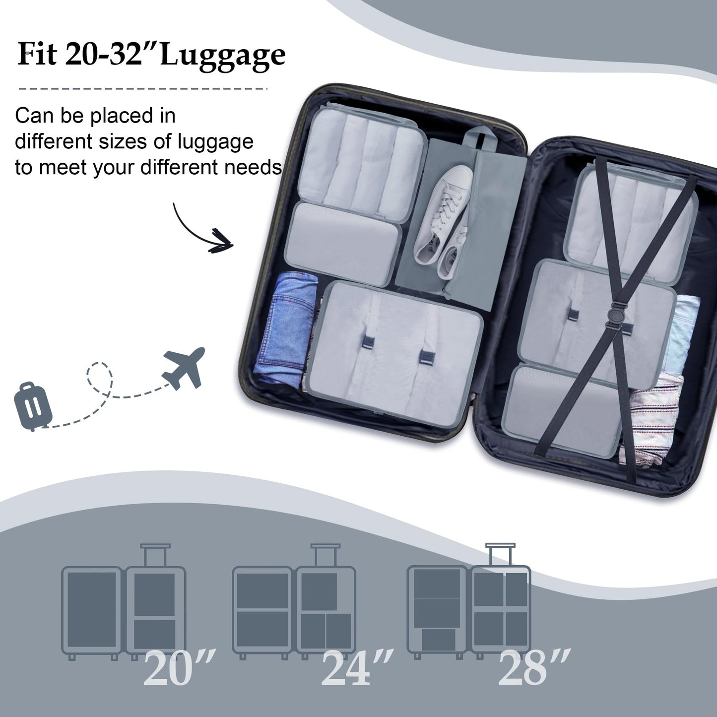 Ebbniur Packing Cubes 7 Pcs Travel Packing Cubes for Suitcases Large Capacity Travel Luggage Organizer Bags for Carry-on Luggage (Grey)