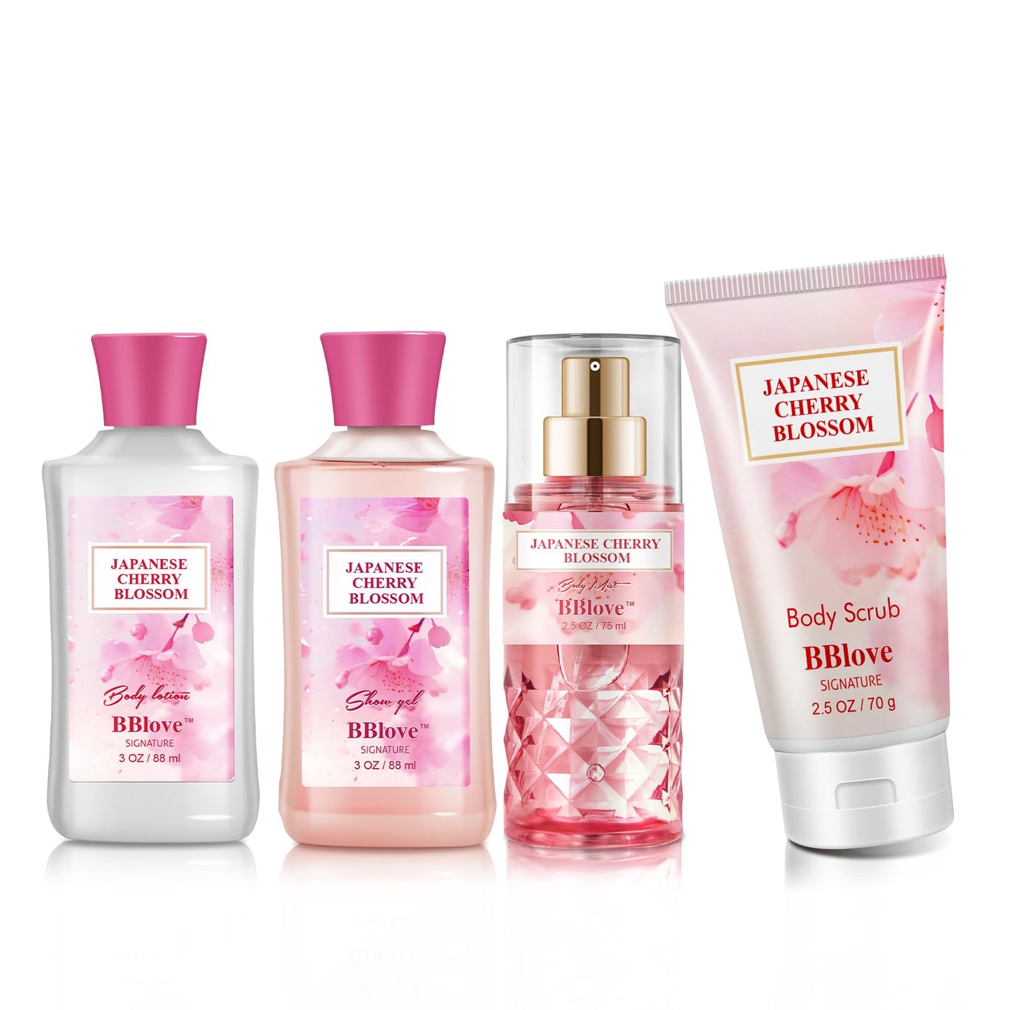 BBlove Bath and Body Gift Set for Women & Girls, Japanese Cherry Blossom, 4PCS Set for-Shower Gel, Body Lotion, Body Mist, Exfoliating Scrub, Body Care Set
