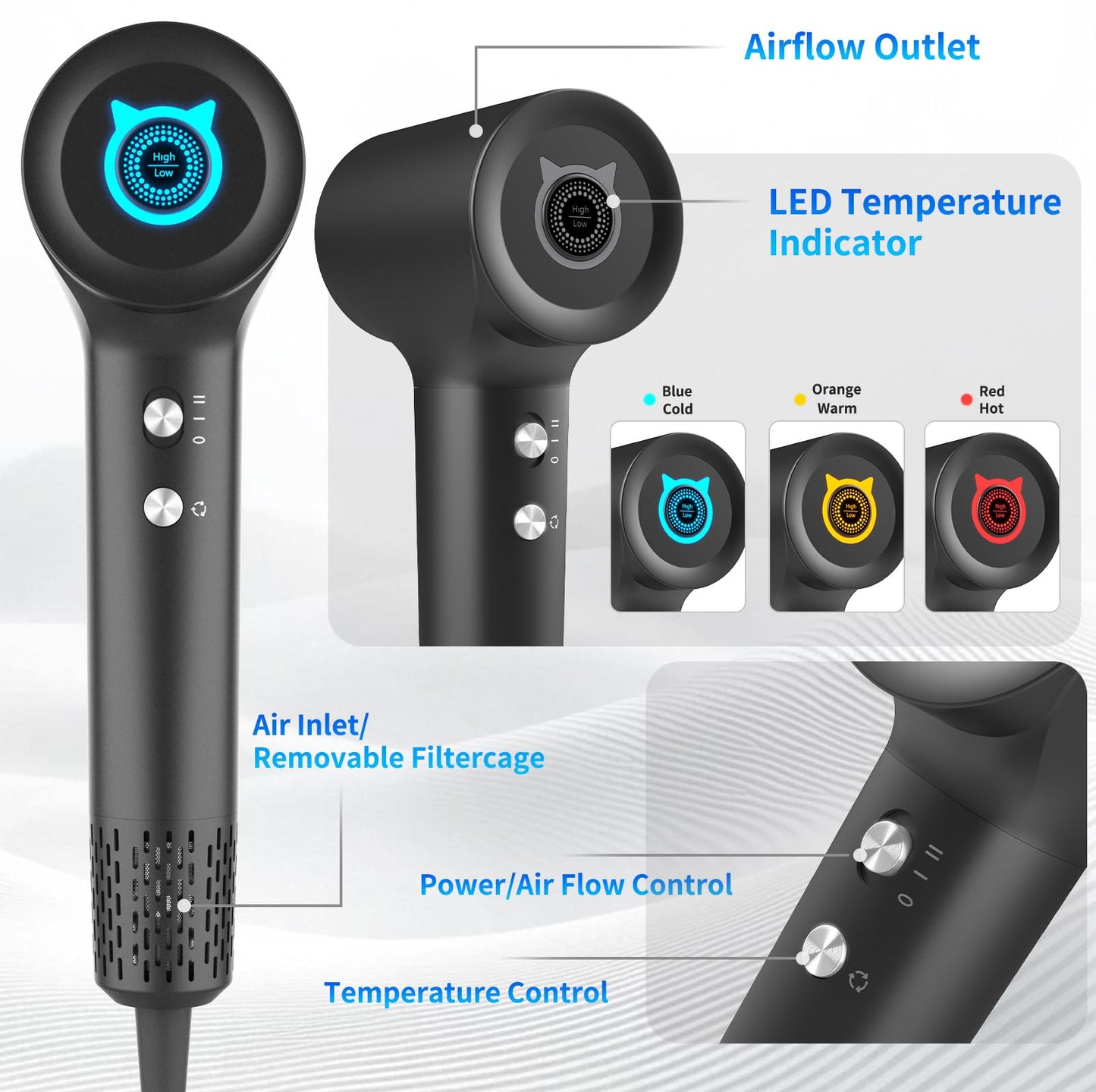 BQSS Hair Dryer,110000rpm Plasma Blow Dryer Positive Negative Ionic Hair Dryers for Women,Portable Travel Hair Dryer with LED Display Concentrator Nozzle,Hair Blow Dryer for Style at Home Travel