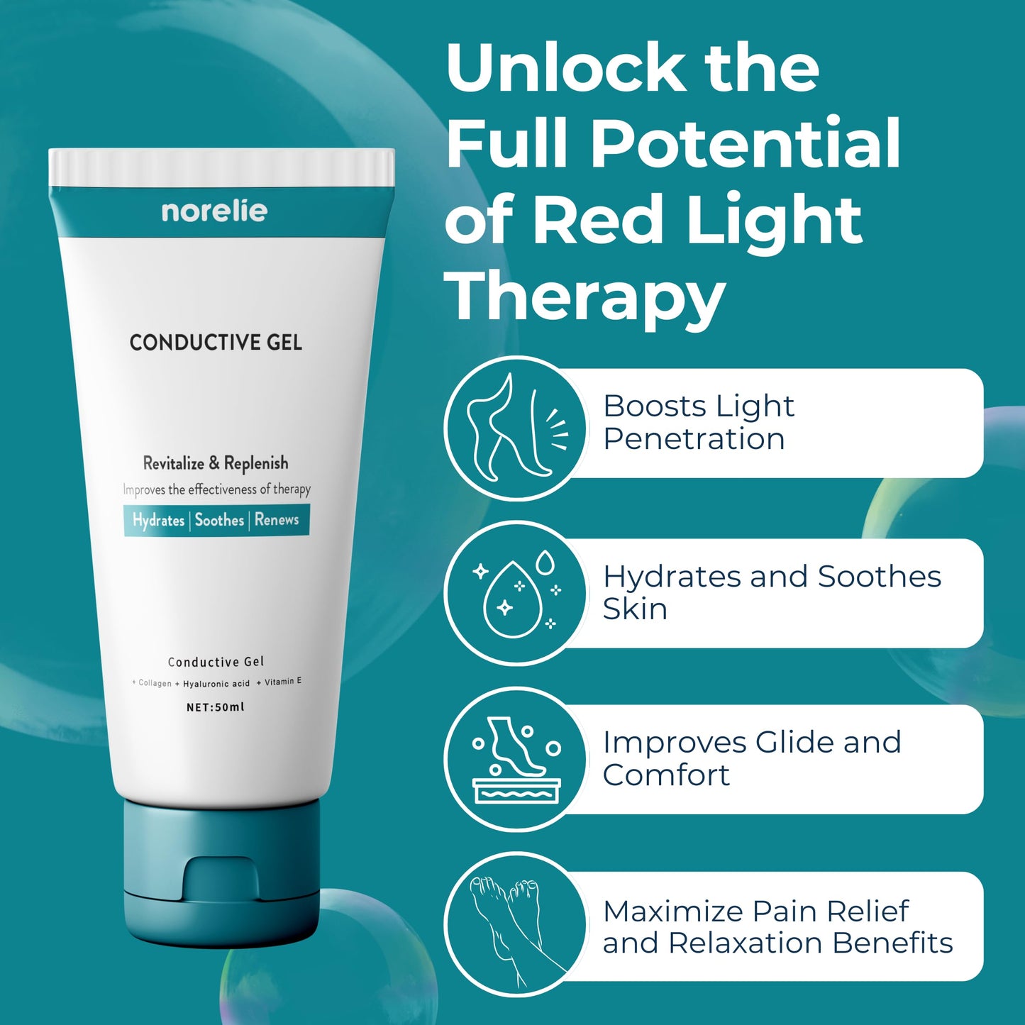 Norelie Conductive Gel for RedRevive Cold Laser Therapy Wand - Activator Serum for Red Light Therapy, Hydrating, Non-Sticky Gel for Face and Body, 50ml, Pack of 3