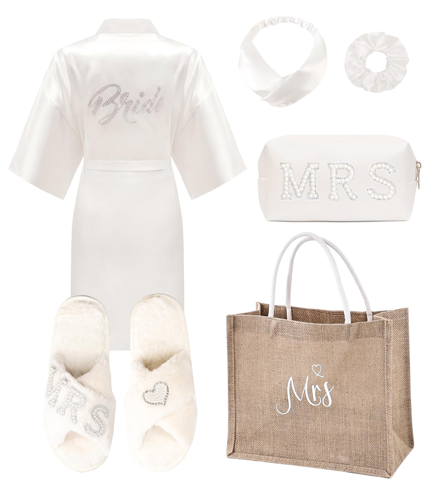 ALHAVONE 6 Pcs Women Bride Robe with Accessories for Bride Bachelorette Party Engagement Honeymoon Bridal Shower Gift (White, LXL)