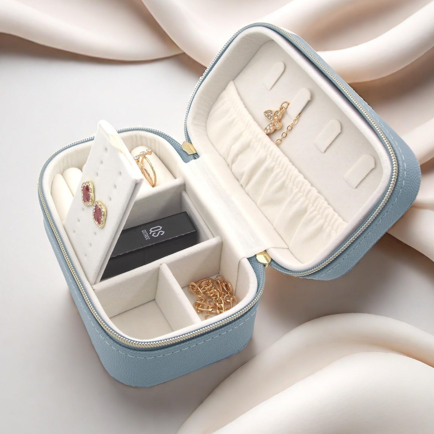 Betviv Travel Jewelry Box, Small Blue Case for Business Travel, PU Leather Compact Size, Curated Storage for Daily Jewelry | Dual-Zipper & Hidden Compartment | Anti-Tarnish Protection