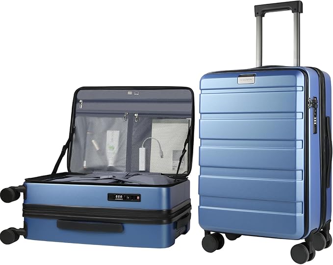 KROSER Carry On Luggage with Spinner Wheels & Built-in TSA Lock, Expandable Top Loading Hard Shell Suitcase Large Capacity Durable Rolling Luggage with USB Port, Carry-On 20-Inch, Light Blue