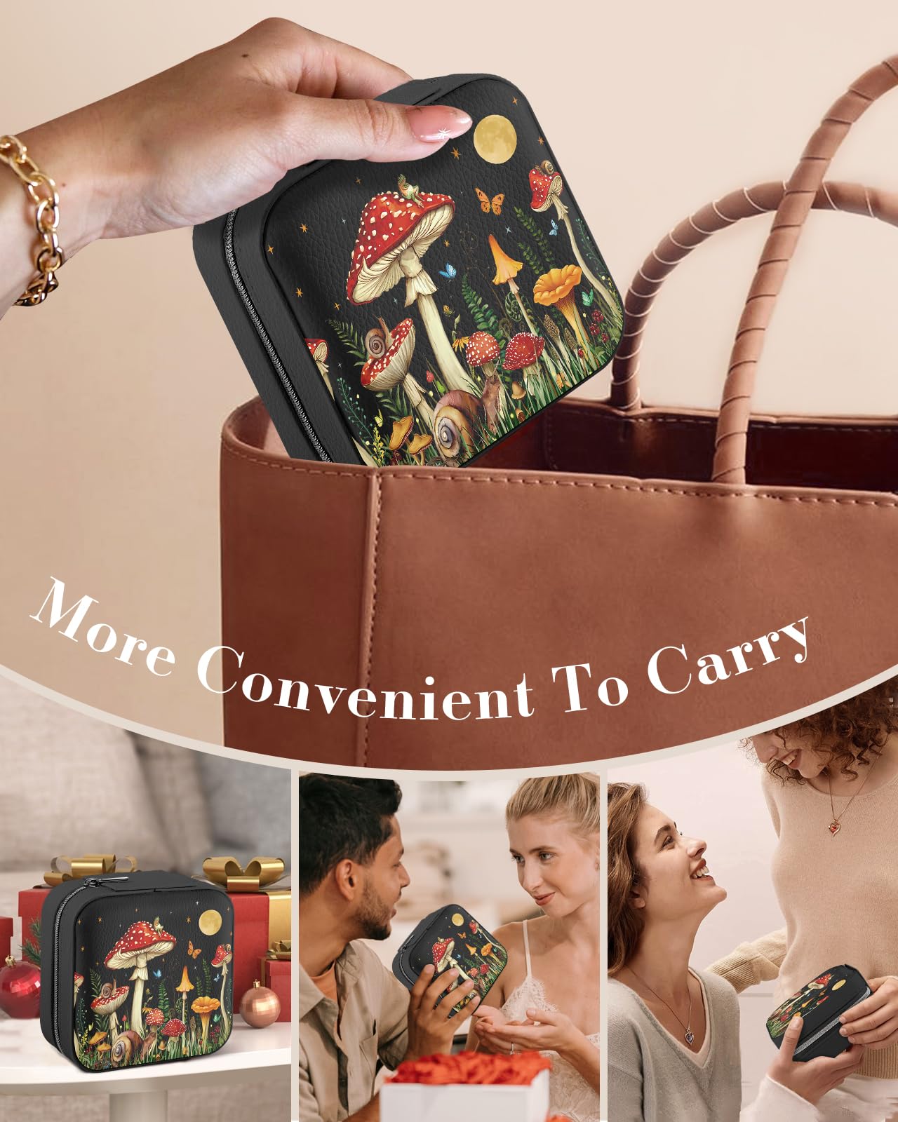 Bistup Travel Jewelry Case - Small Jewelry Organizers and Storage Box for Women Girls Teens Cute Traveling Jewelry Holder with Mirror Little Tiny Compact Modern Unique Aesthetic Pretty, Mushroom