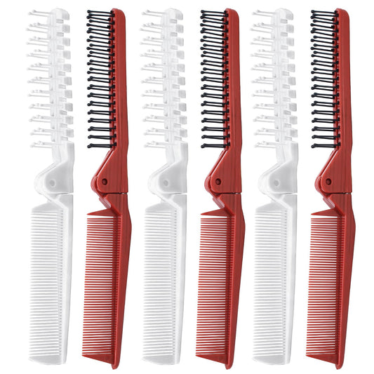 Qjaiune 6PCS Travel Foldable Hair Comb and Brush Set - Anti-Static Mini Pocket Plastic Combs, Double Headed Plastic Hairdressing Tool for Men and Women (White + Burgundy)