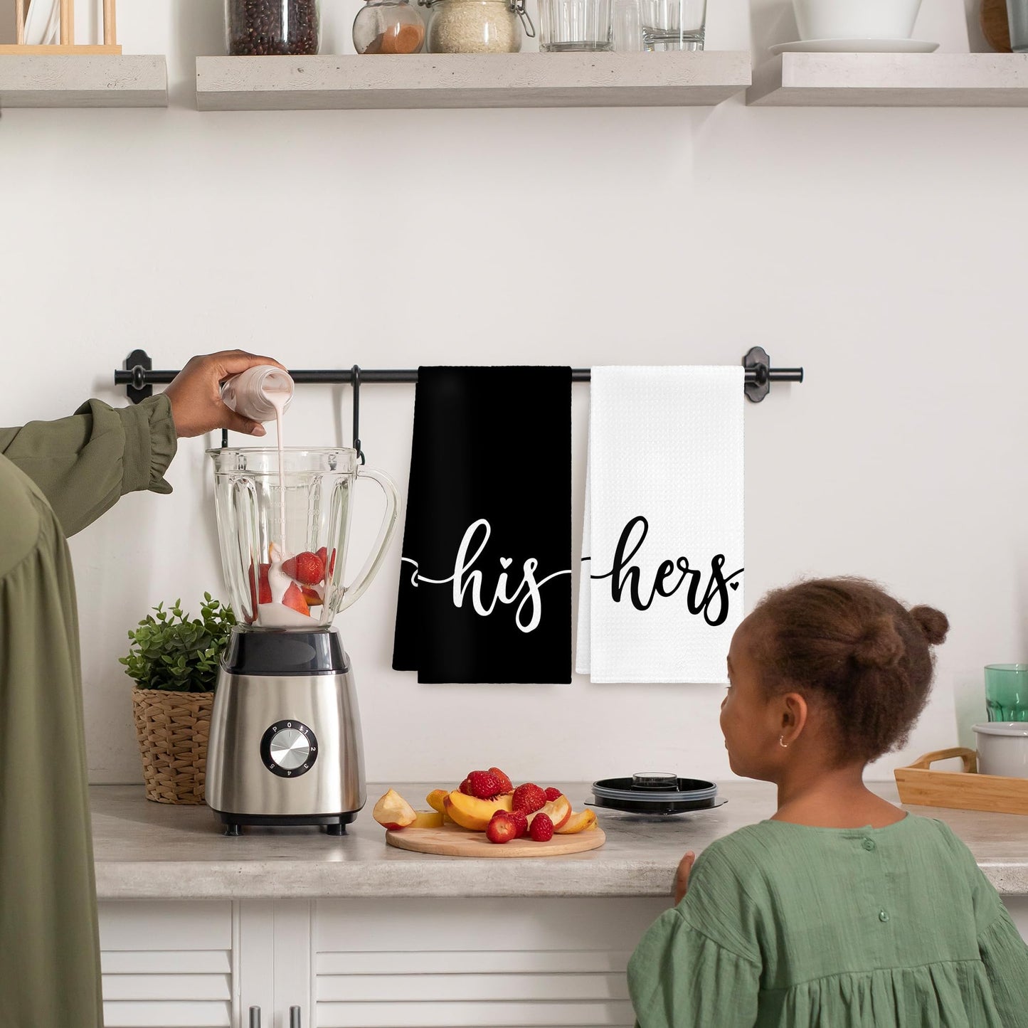 WAITPI His and Hers Valentines Day Bathroom Kitchen Towels Set of 2, His and Hers Gifts Hand Towels for Couple Bride Wedding Honeymoon, Black and White Decorative Tea Dish Towels for Kitchen 16x24in