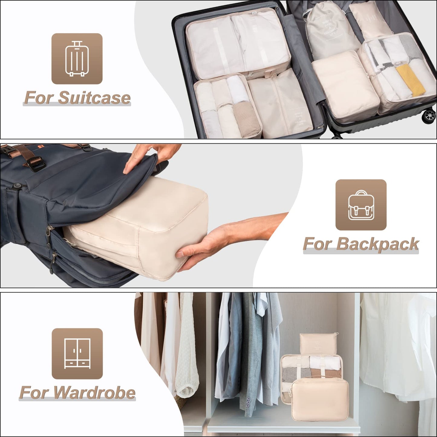 FAMOMI Packing Cubes 7 Set Travel Cubes for Suitcases Lightweight Luggage Packing Orginzers for Travel Acessories (Creamy-White)