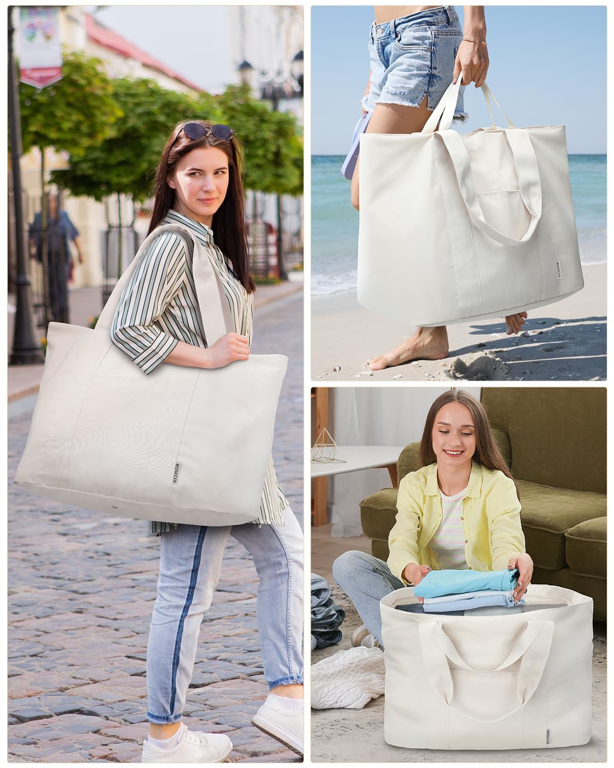 ROSECER Extra Large Tote Bag for Women, Foldable Beach Bag with Wet Pocket, Waterproof Weekender Overnight Bag for Travel, Gym, Hospital, Swim, Nurse, Beige