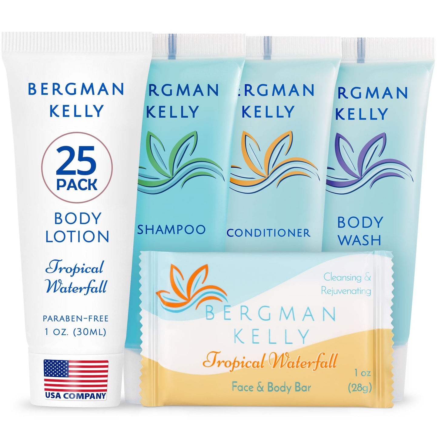 BERGMAN KELLY - Hotel Toiletries Bundle - Tropical Waterfall, 1 oz ea, 125 Pieces - 5-Piece Set: 25 ea Rectangular Bar Soap, Shampoo, Conditioner, Body Lotion & Body Wash - Bulk Mini Guest Amenities