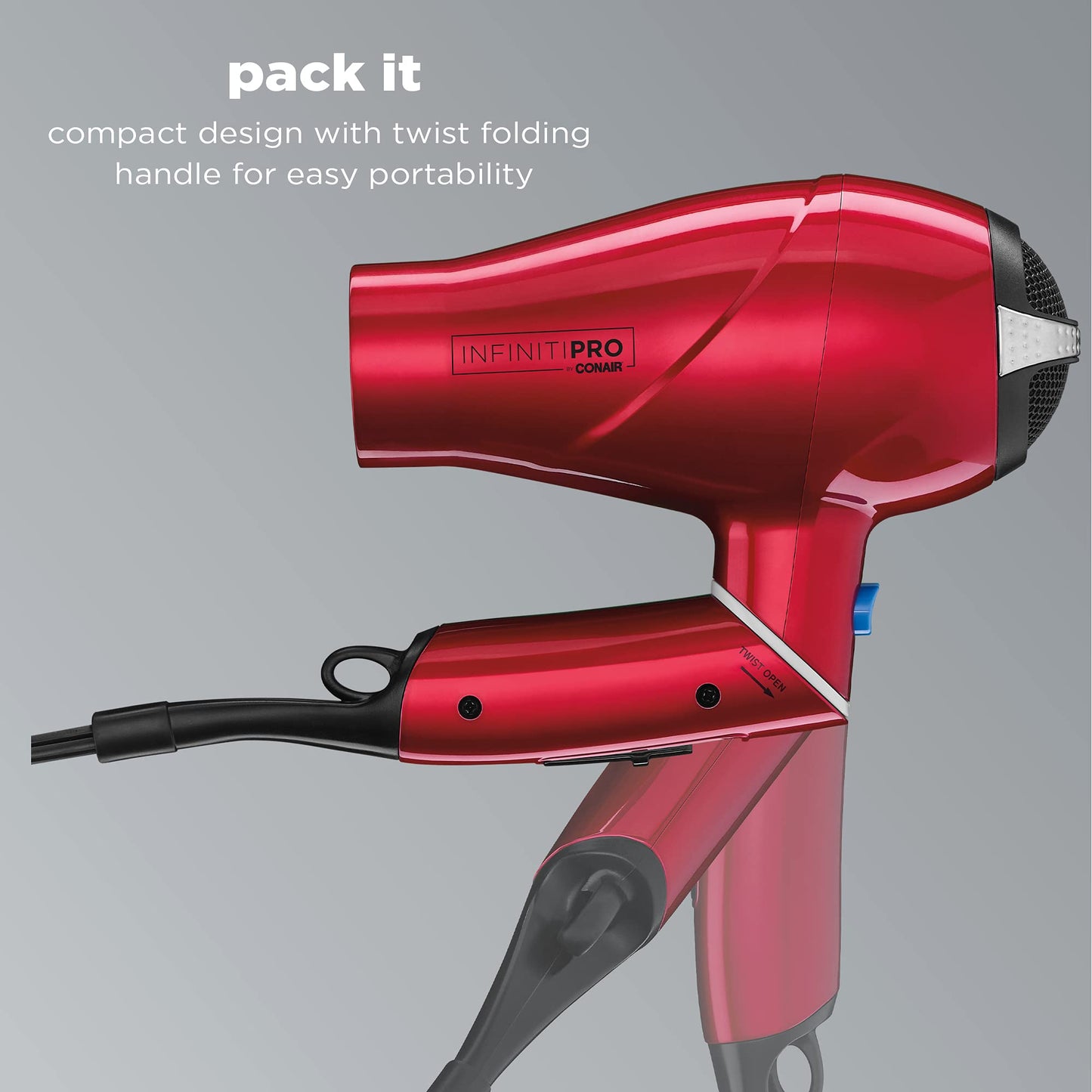 INFINITIPRO BY CONAIR Travel Hair Dryer, 1875W Compact Travel Hair Dryer with Twist Folding Handle, Conair Blow Dryer, Red