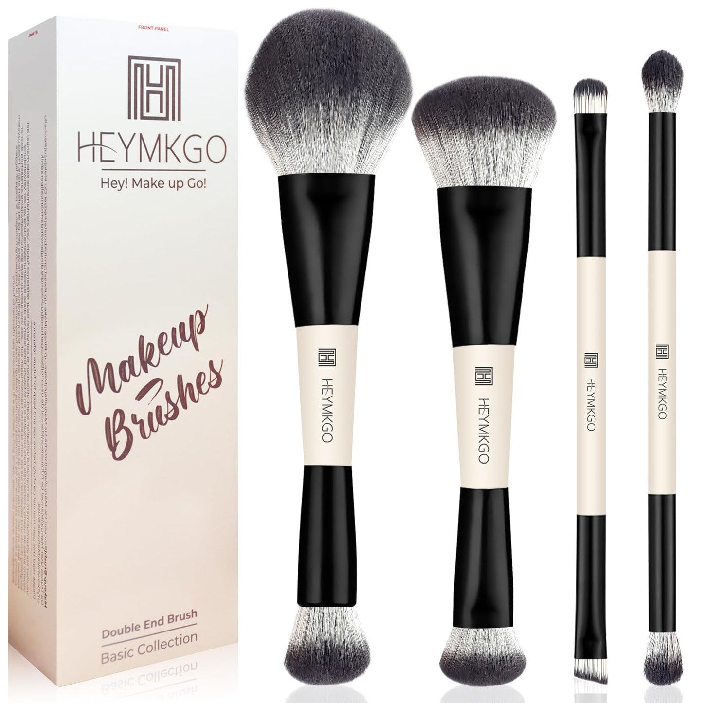 HEYMKGO Makeup Brushes Set, 4Pcs Professional Dual-ended Foundation Contour Power Face Eyeshadow Brush set for Liquid,Cream, Powder for Blending Contouring Makeup Tools- Great for Travel Use, Black