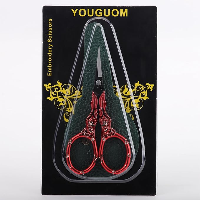 Antique Embroidery Scissors with Case, Needlework Scissors for Sewing Crafting Cross Stitch Crochet Yarn, Detail Shears Threading Snips Vintage Golden Red