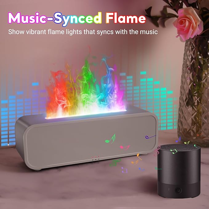 Eseential Oil Diffuser, 250ml Flame Oil Diffuser - Aromatherapy Humidifier, Sound Activated Flame Effect, Rainbow Flame, Music Sync, Remote Control - Perfect for Bedroom Home Office Yoga (White)