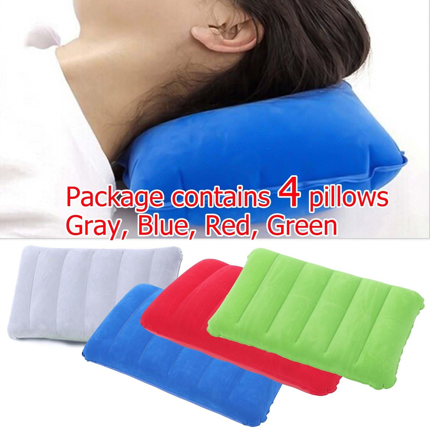4Pack Ultralight Inflatable Travel Pillow, Small Squared Flocked Fabric Air Pillow for Traveling, Holiday Trip, Hiking, Camping,Napping,Neck Lumbar Support, 16.5 in x 10.5 in (Gray,Blue,Red,Green)