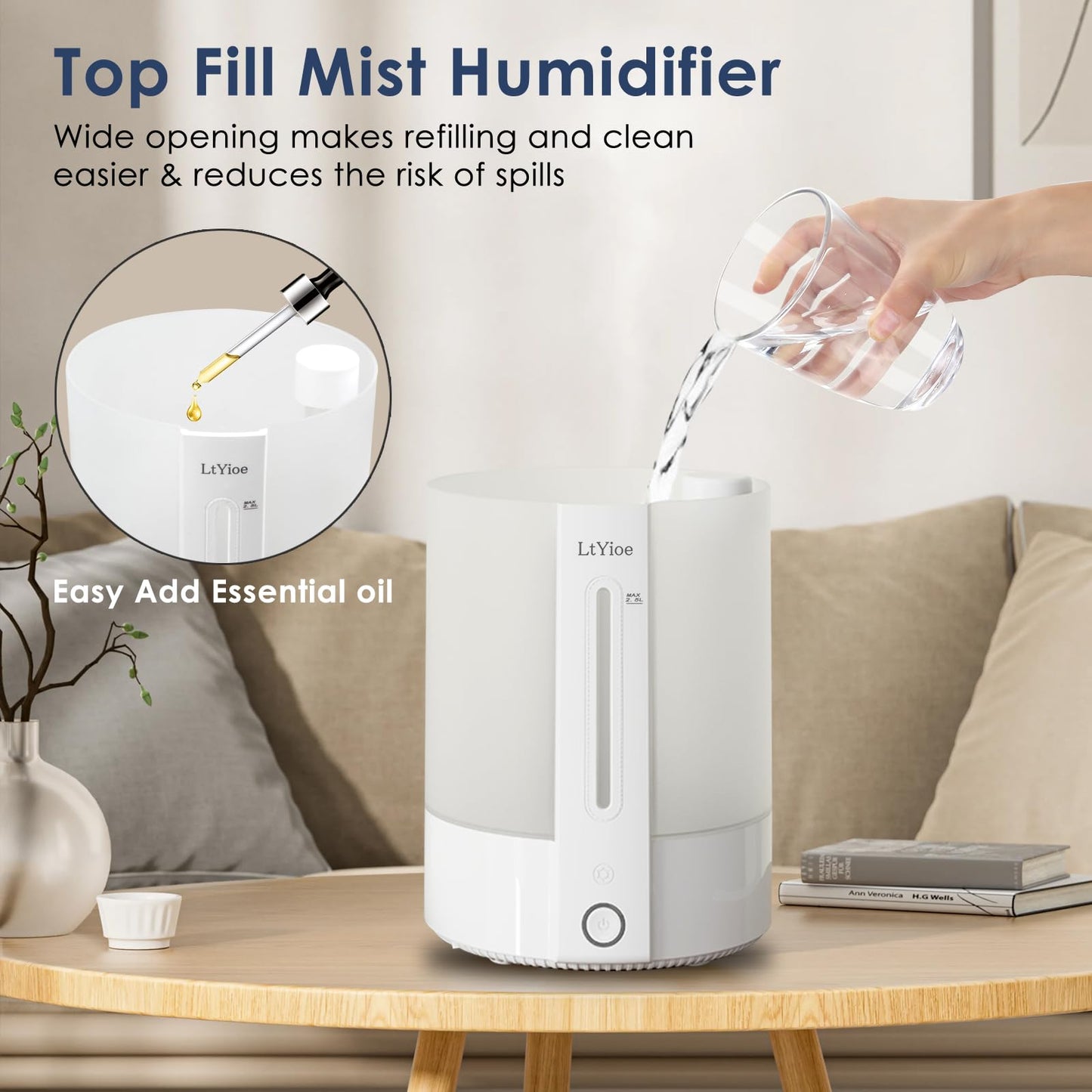 LtYioe Colorful Top Fill Humidifiers for Office, Bedroom,etc. Essential Oil Diffuser 2.5L Tank,Touch Button, Easy to Fill & Clean, Colorful night light, Auto Shut-Off, 3 Mist Modes, Super Quiet, 16H.