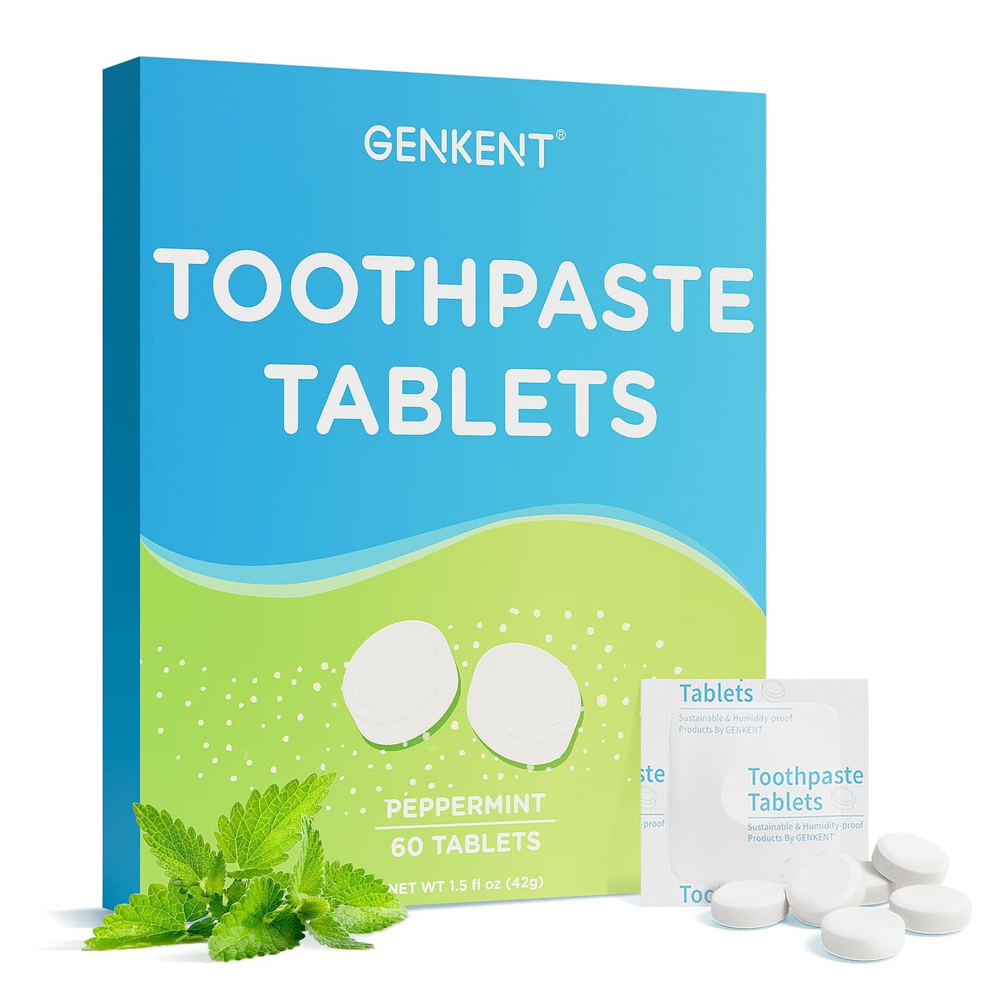 GENKENT Toothpaste Tablets, Fluoride & Plastic Free Chewable Toothpaste Tabs, Eco & Travel Friendly (60 Count)