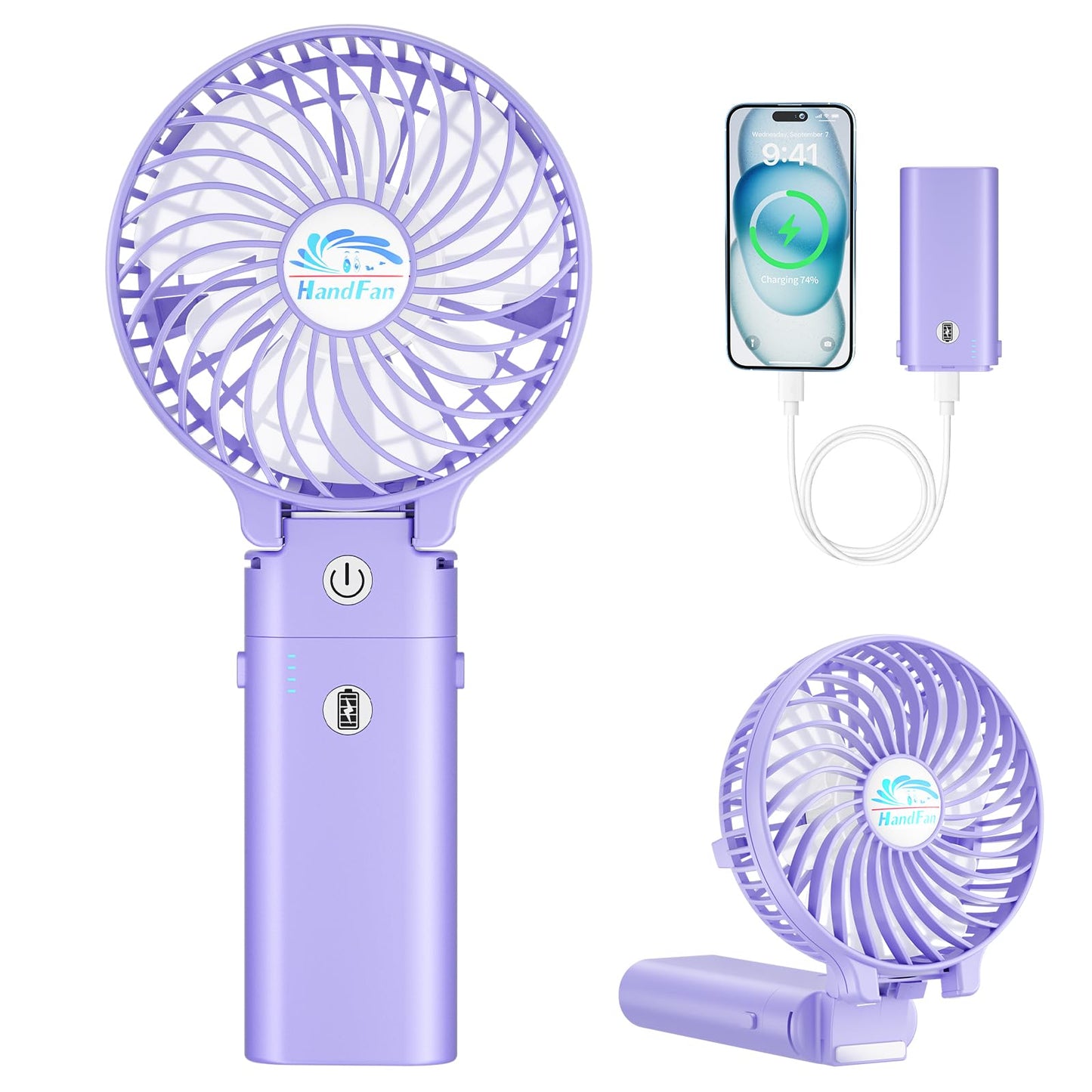 HandFan 5200mAh Handheld Fan Rechargeable, 20H Runtime Hand Fan, 3 Speeds Strong Airflow, Personal 180° Foldable Portable Fans for Travel/Summer/Concerts/Lash/Commute, Gifts for Women (Purple)