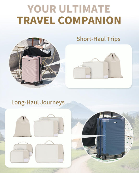 ECOHUB 6 Set Packing Cubes for Travel Durable Suitcase Organizer Bags Set with Personalized Tag Travel Essentials with Shoe Bag Traveling Accessories for Luggage Machine Washable, Beige