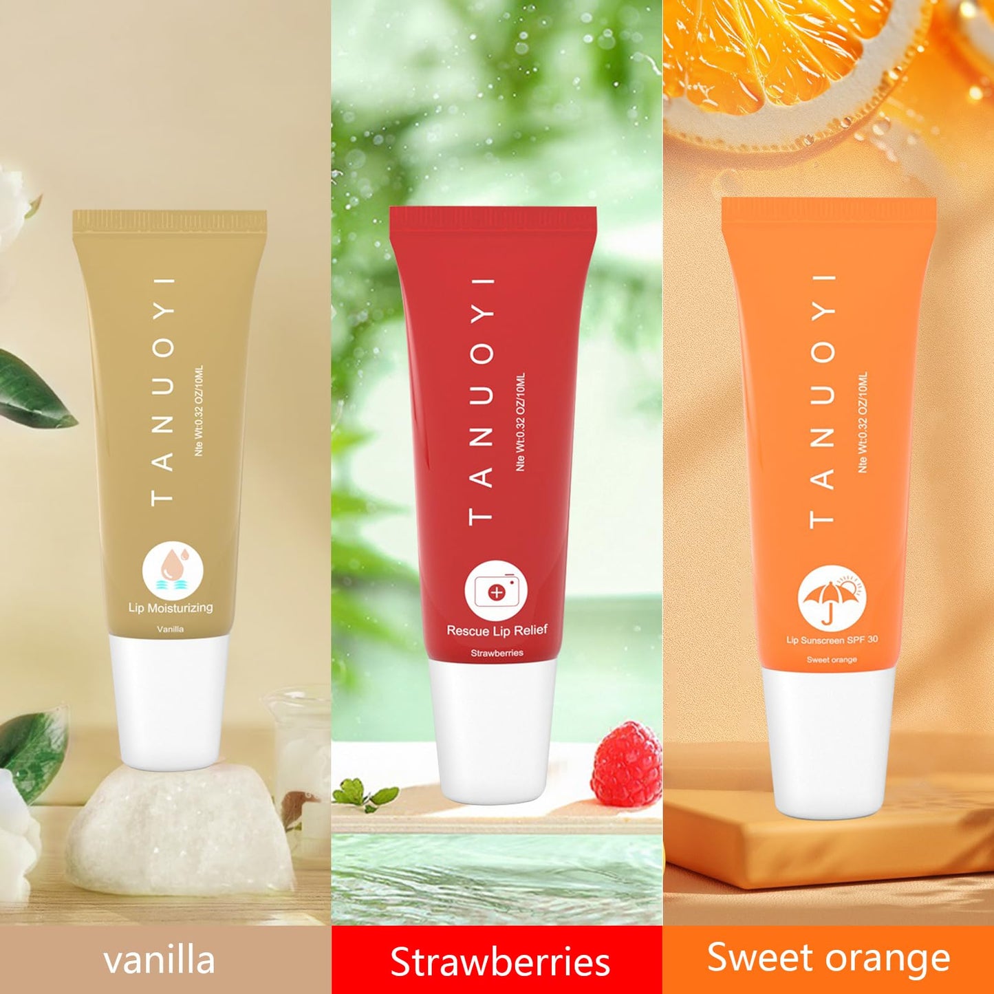 TANUOYI Lip Sunscreen Moisturizing and Repair Package SPF 30 - Summer Long Lasting Moisturized, Smooth Lips - 3 Flavors (Pack of 3)