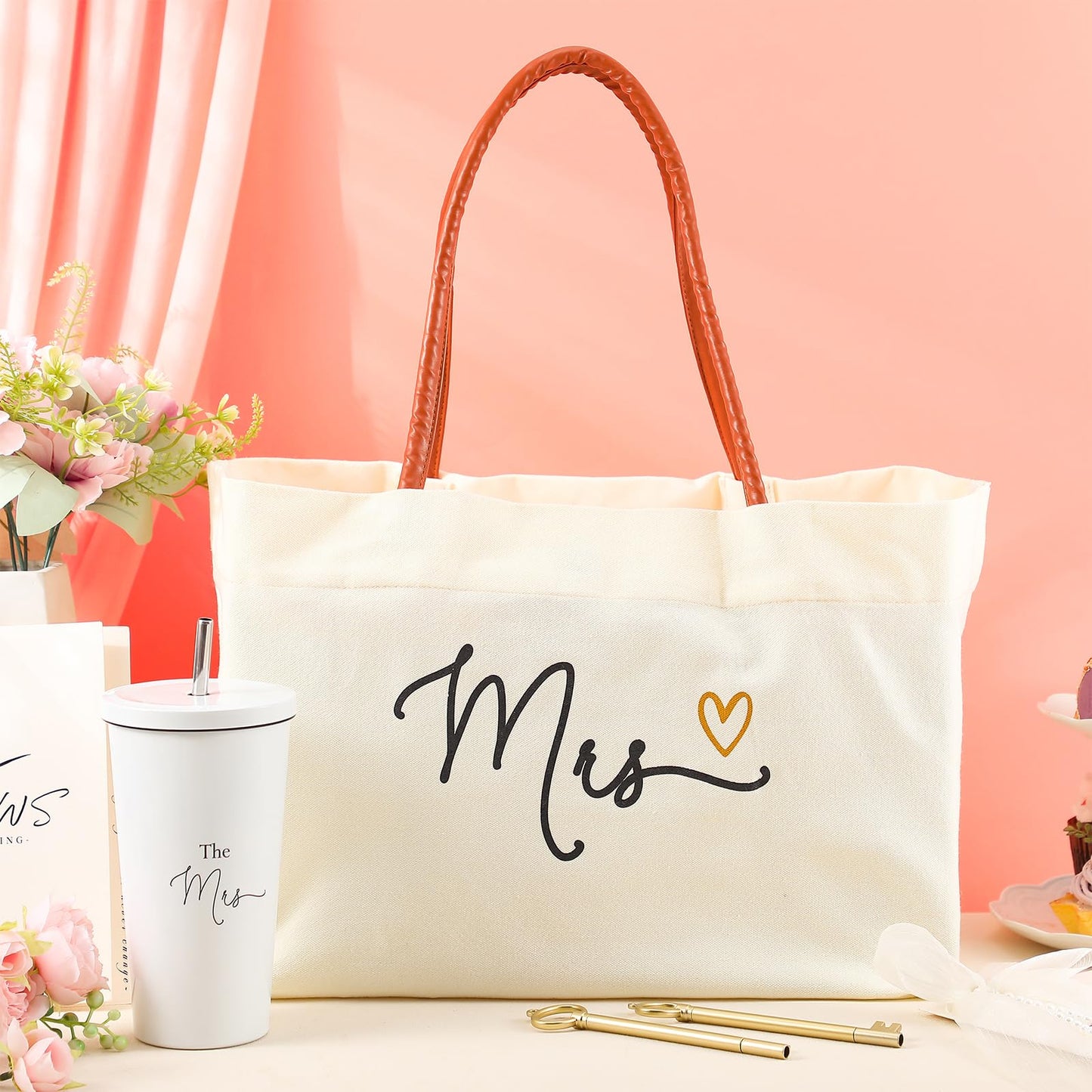 Reallnaive 2 Pcs The Mrs Tumbler & Tote Bag Gift Set, Mrs 2025 Bride Gifts 17 oz Stainless Steel Bridal Tumbler with Lid & Straw, Large Bridal Travel Totes for Women Bride Gifts, Wedding, Engagements