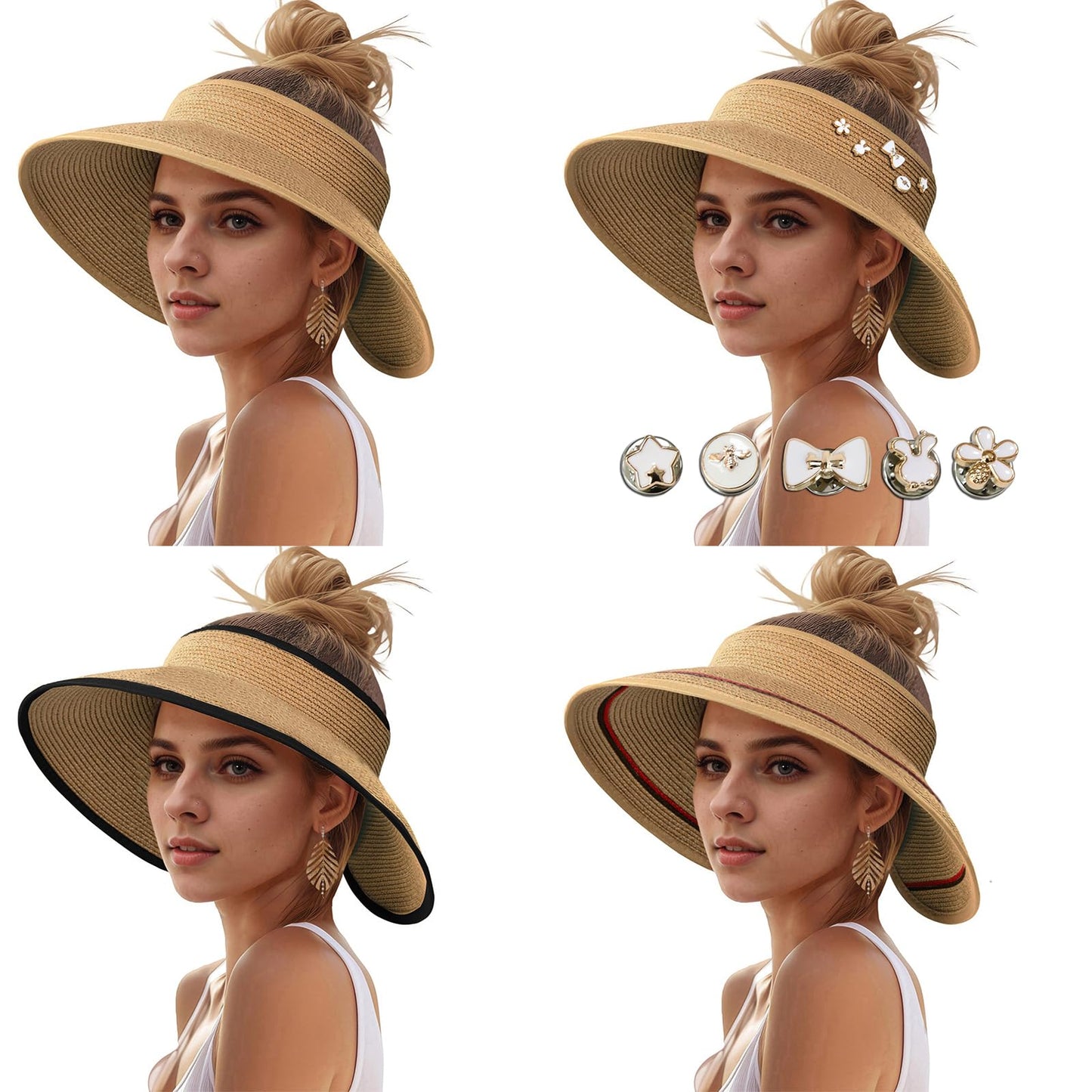 Sun Hats Visor for Women, UV UPF Straw Beach Hat Foldable Wide Brim Ponytail Summer Hats Packable Travel Khaki