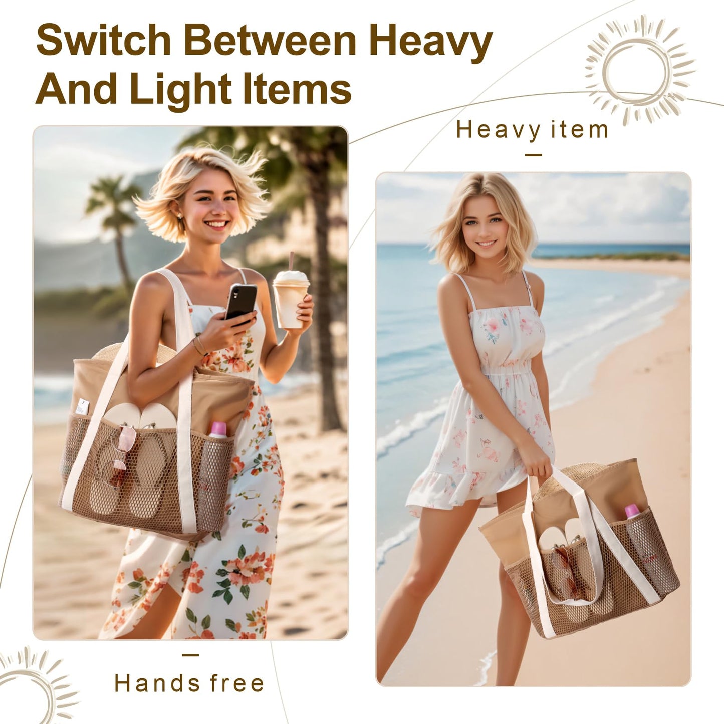 F-color Waterproof Beach Bag for Women - 8 Pockets Foldable Beach Bag Tote with Sandproof Side Mesh Bag, Carry on Tote Bag with Zipper for Travel Pool Swim Cruise Vacation Essentials, Khaki