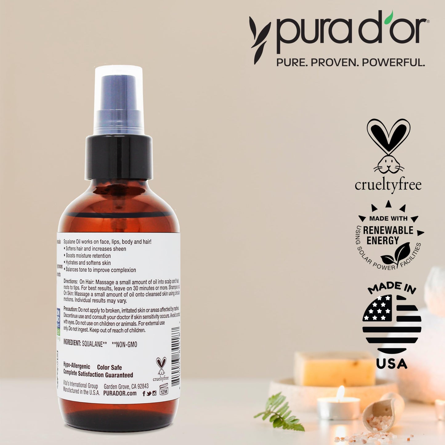 PURA D'OR 3.38 Oz Squalane Oil - Non-GMO 100% Pure & Natural - Moisturizer For Face, Hair And Body - Vegan, Cruelty-Free with Anti-Aging Benefits - Men & Women - Travel Size