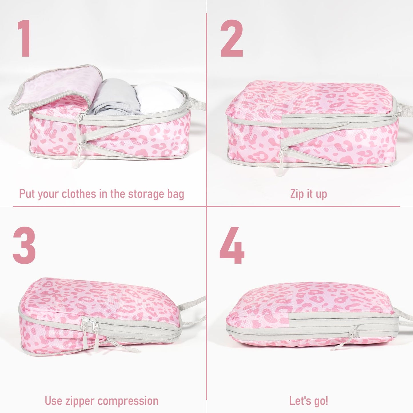 Lemoobolsa 4 Set Compression Packing Cubes For Travel Bags Organizer For Luggage Suitcase Organizer, Compression Bags For Travel Accessories Luggage Storage Set (4 Pcs, Pink Leoparda)