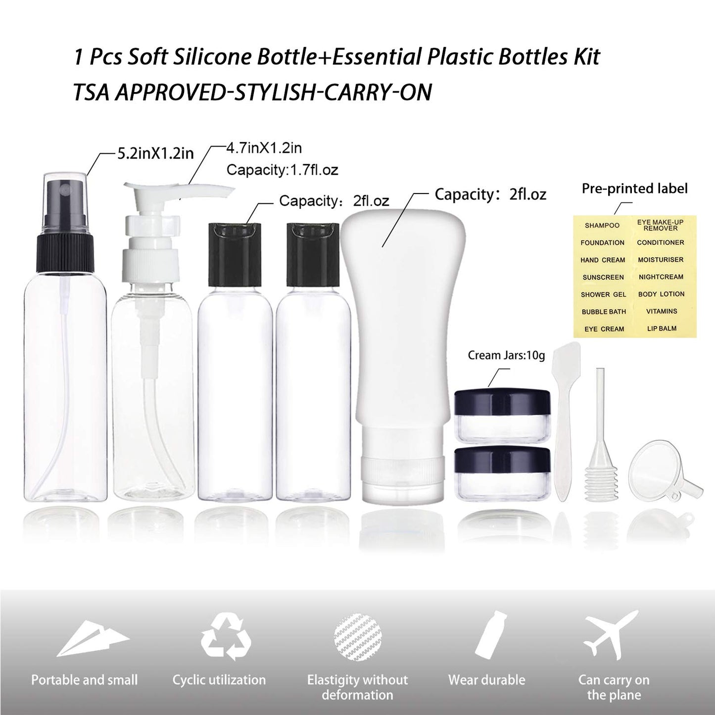 YICTEK Empty Plastic Travel Bottles Containers for Toiletries, TSA Approved Travel Size Toiletries Bottles Kit for Liquids Shampoo Conditioner Lotion, Carry-On Set for Women/Men