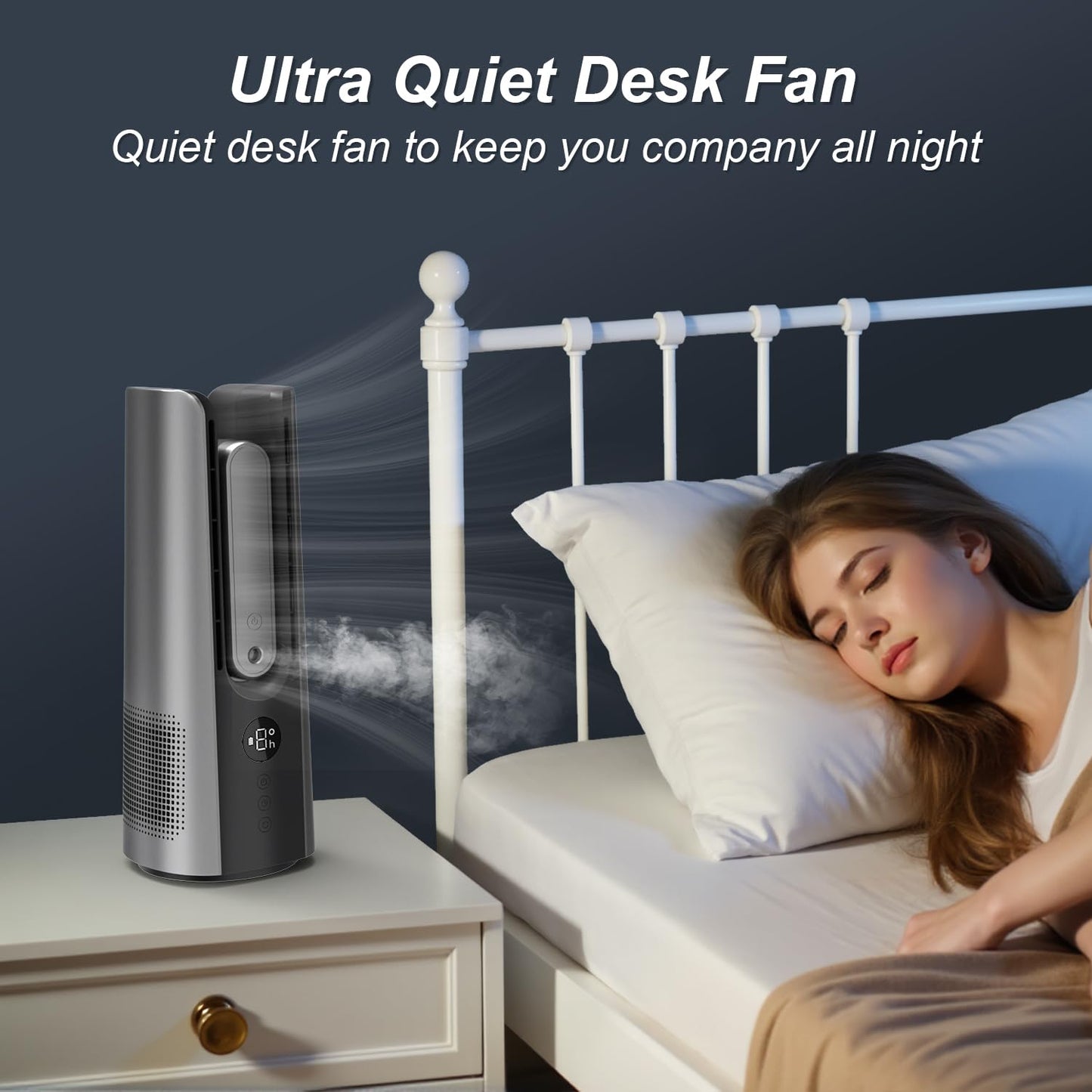 MEIIS Desk Fan, Small Quiet Table Fan with Humidifier, 14 Inch Portable Bladeless Fan with 9 Speed Adjustment, 2 Modes, 5000mAh Battery, 60° Oscillating Mini Fan for Bedroom Office Living Room Dorm