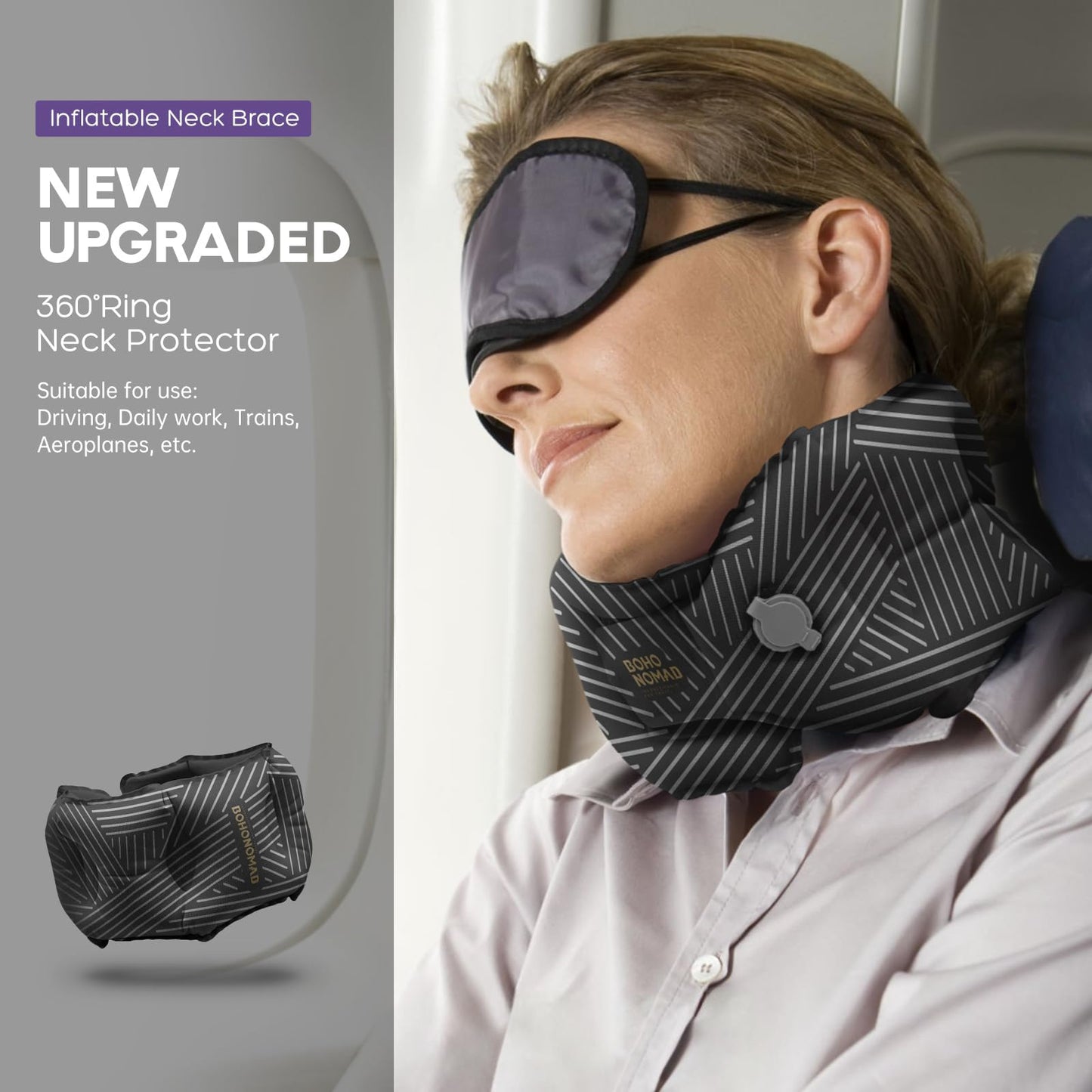 Inflatable Neck Pillow for Travel, Adjustable Blow Up Neck Support Pillow for Airplane, Car, Train, Bus, Office, Home, Compact Portable Travel Pillow for Sleeping, Napping, Black