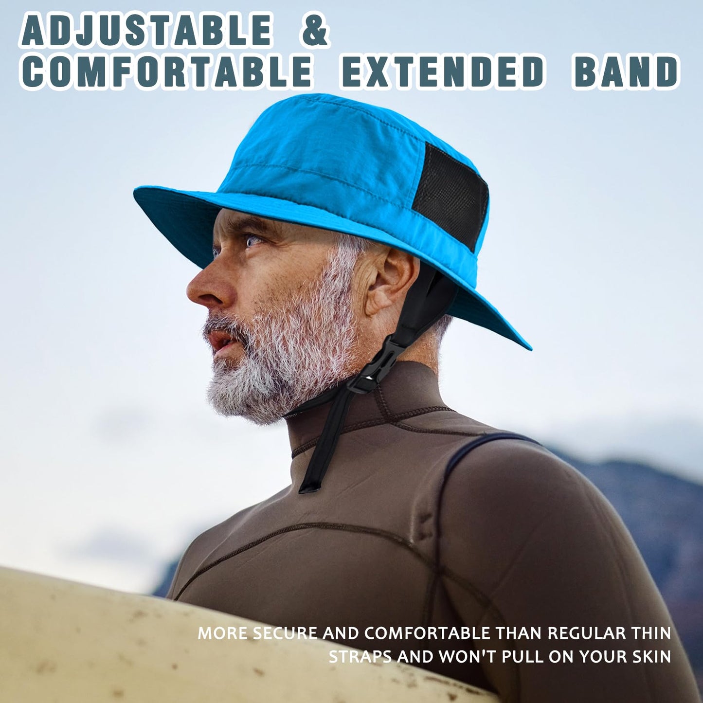 Seektop Surf Bucket Hat with UPF 50+ UV Protection, Waterproof Sun Hat with Adjustable Chin Strap for Surfing, Water Sports Blue