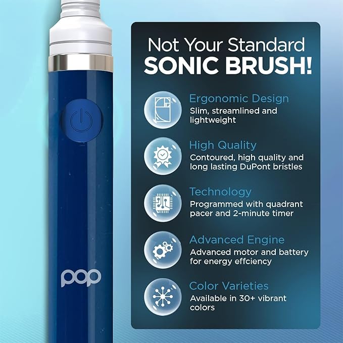 2-Pack Pop Sonic Electric Toothbrush (Navy Blue) - Travel Toothbrushes w/AAA Battery | Kids Electric Toothbrushes with 2 Speed & 15,000-30,000 Strokes/Minute, Dupont Nylon Bristles