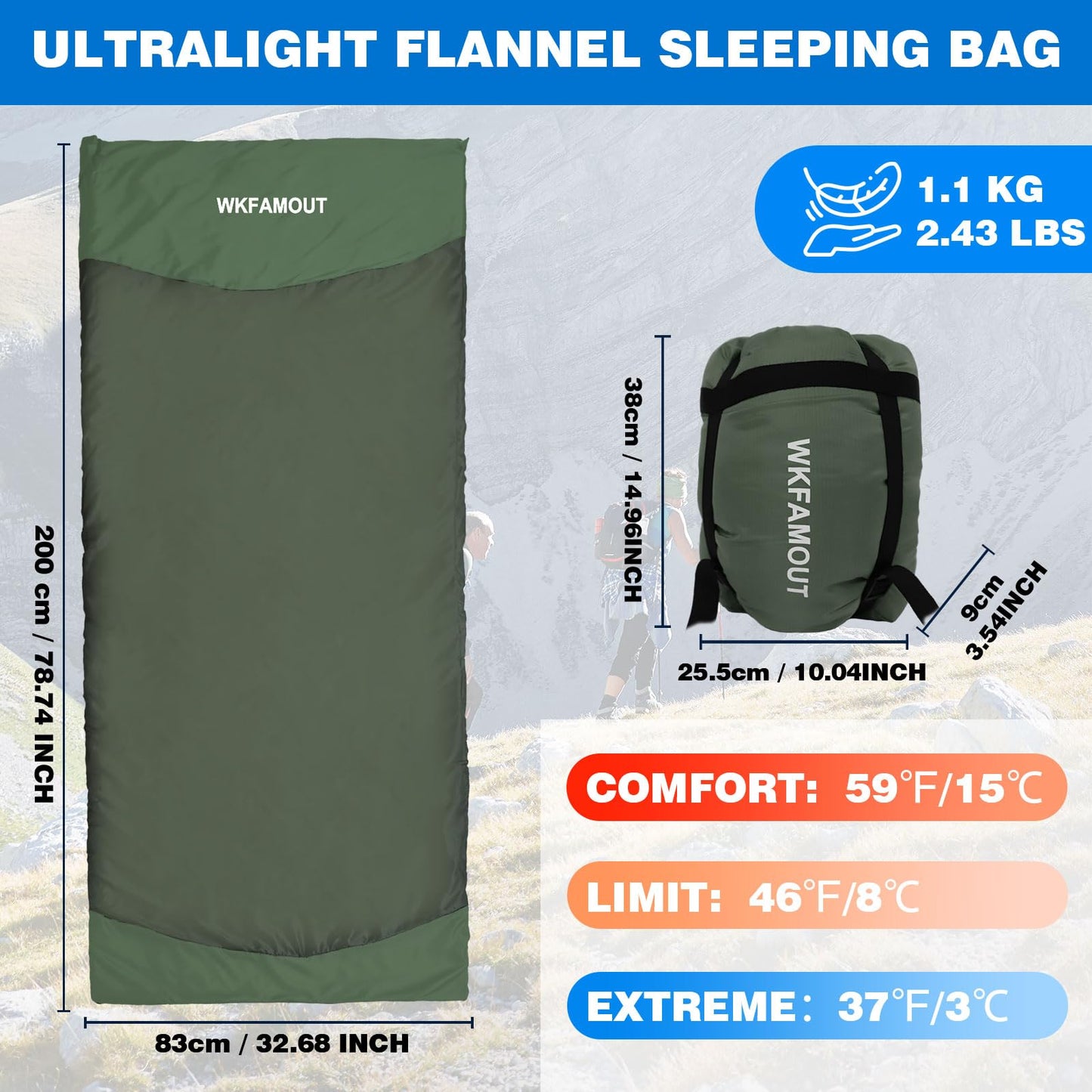 WKFAMOUT Backpacking Flannel Sleeping Bag Lightweight for Adults Hiking Ultralight Compact Sleeping Bag Portable Warm Weather Summer with Compression Sack