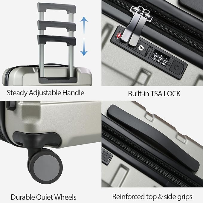 KROSER Hardside Expandable Carry On Luggage with Spinner Wheels & Built-in TSA Lock, Durable Suitcase Rolling Luggage with USB Port, Carry-On 20-Inch Champagne