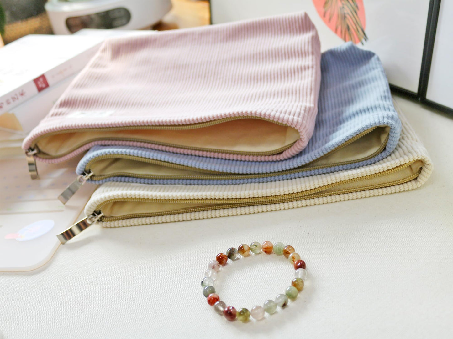 HAPPYHEIDI Large Corduroy Makeup Bag Compartment Cosmetic Toiletry Travel Accessory Pouch Purse Organizer, Soft Creamy Pink