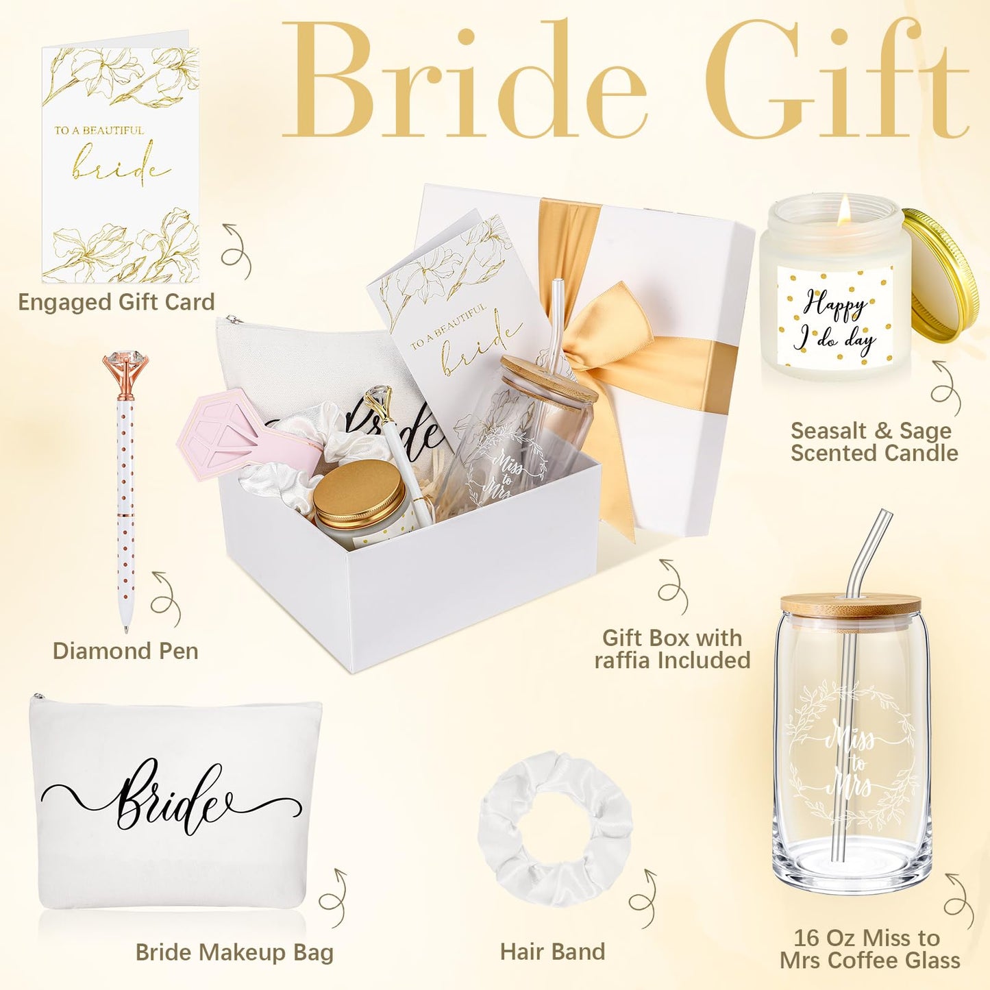 7 Pcs Bride Gifts Bridal Shower Gift Including Mrs Can Shaped Drinking Glass with Straw Bride Makeup Bag Crystal Pen Scented Candle Scrunchies Raffia Wedding Card Gift Box for Bridal Shower (White)