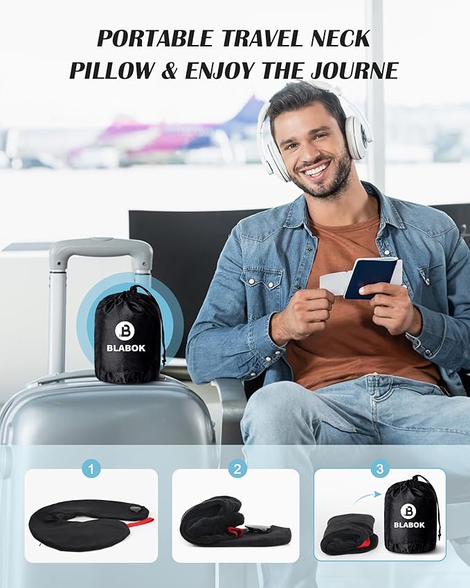 Inflatable Neck Pillow for Travel, Travel Pillow Support Head and Neck, Travel Neck Pillow for Airplane,Train,Car,Office,Home,Washable Cover (Black)